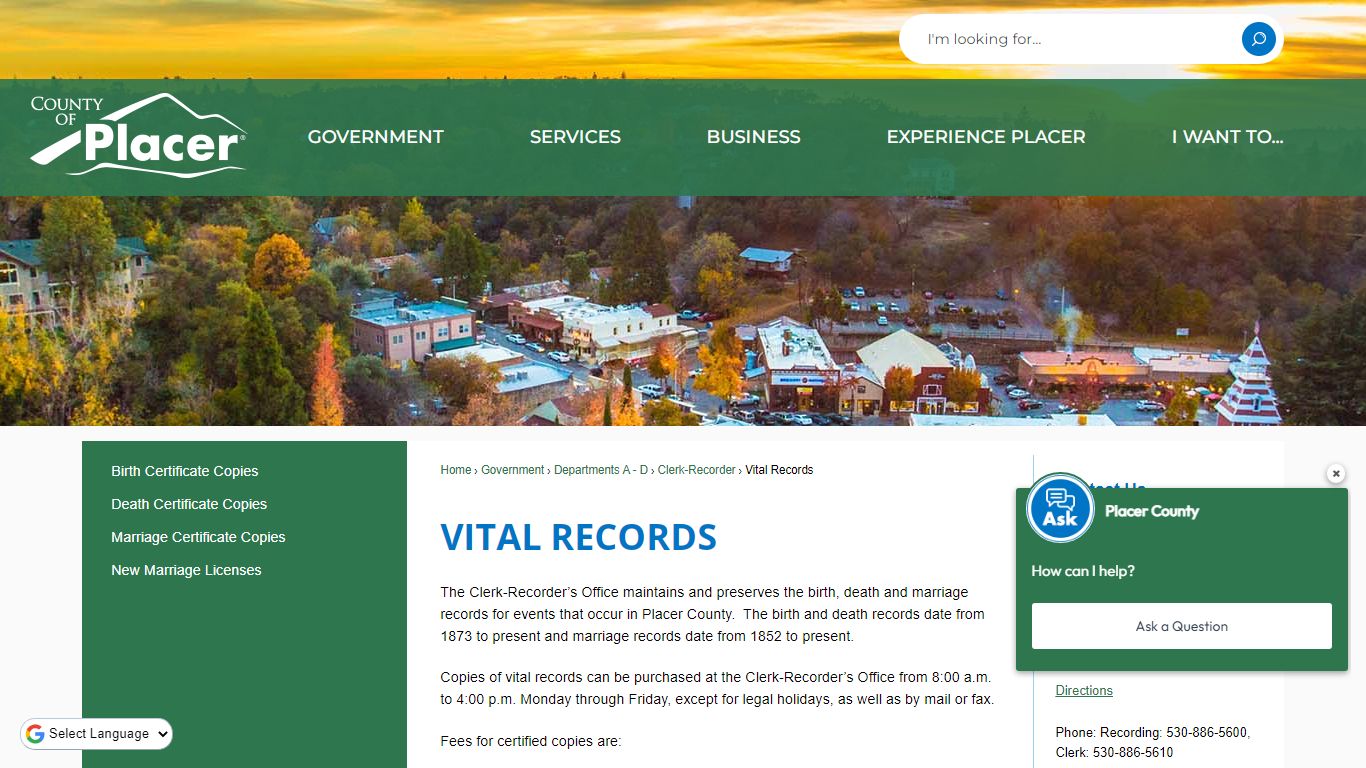 Vital Records | Placer County, CA