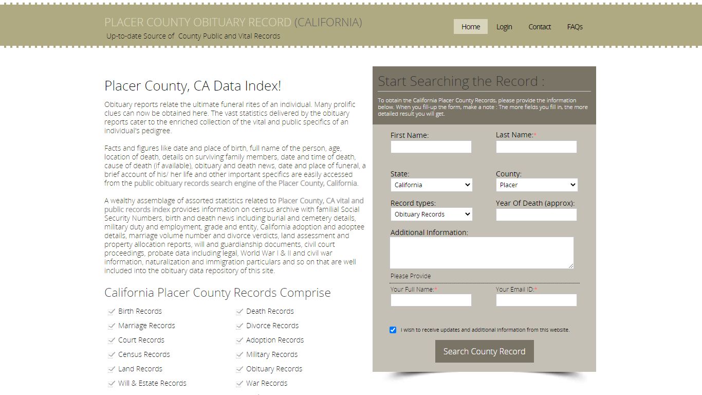 Placer County, California Obituary Death Notice Index