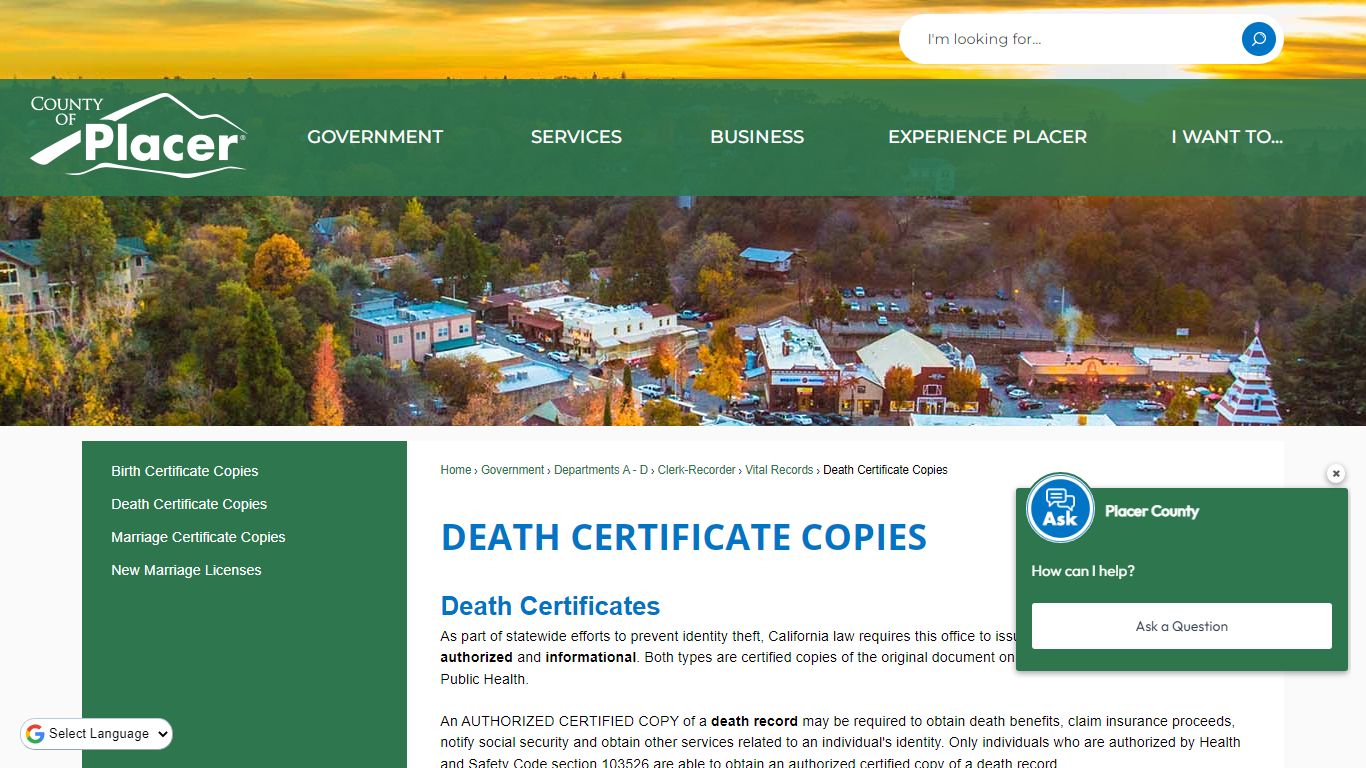 Death Certificate COPIES | Placer County, CA